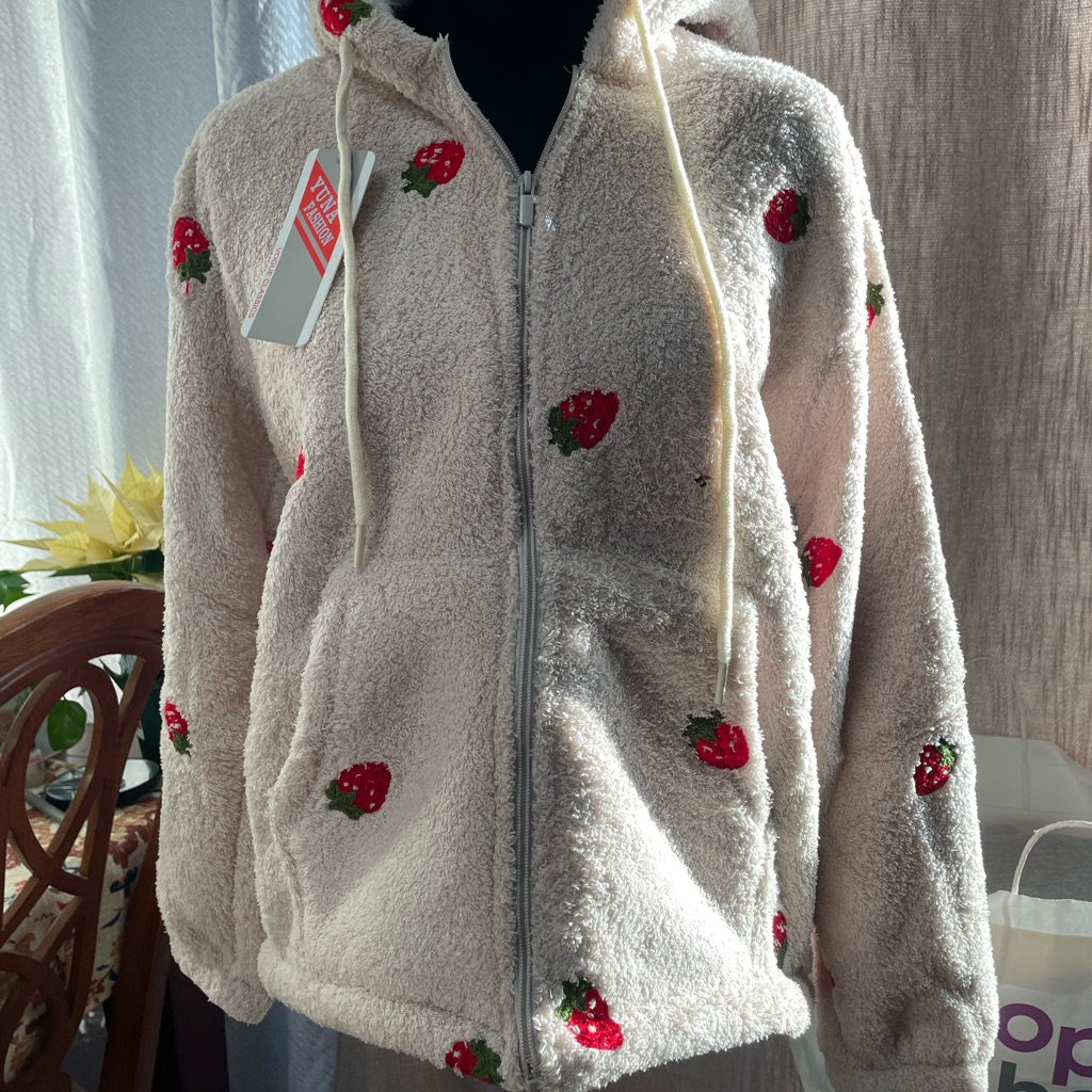 Brand New Cozy Cream Kids Jacket With Strawberry Accents